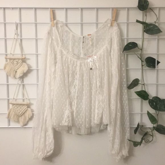 Free People Tops - Free People Polka Dotted White Tulle Blouse